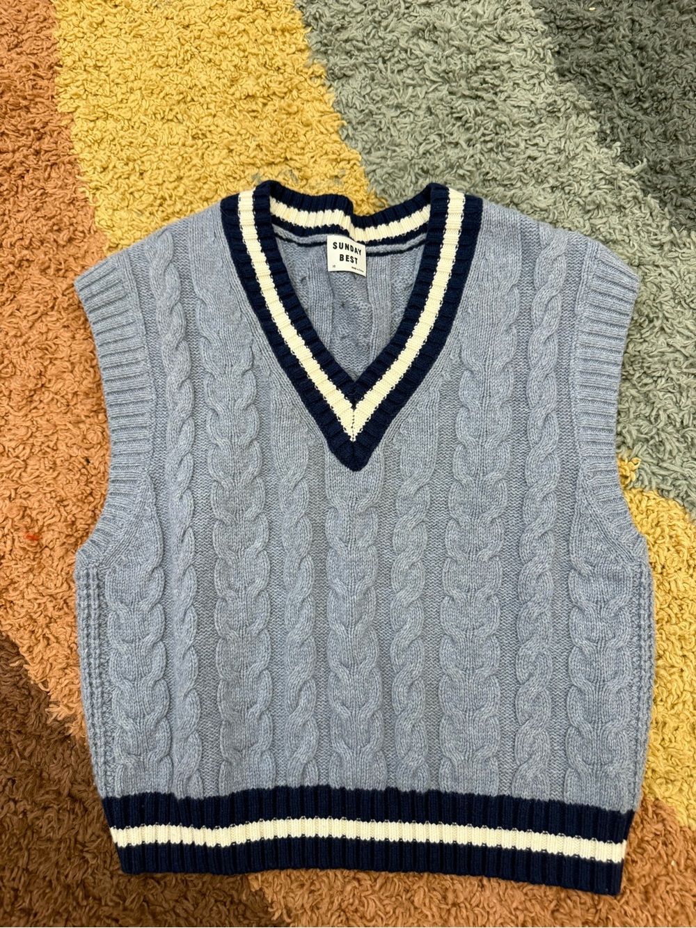 Sunday Best Sky Blue Cable-Knit V-Neck Sweater Vest with Navy & Cream Trim